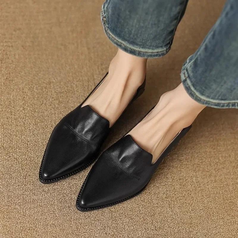 Fashion 2024 New Spring Women Shoes Pumps Pointed Toe Chunky Heel Comfortable All-match Casual Ladies Shoes Genuine Leather Retro Heels