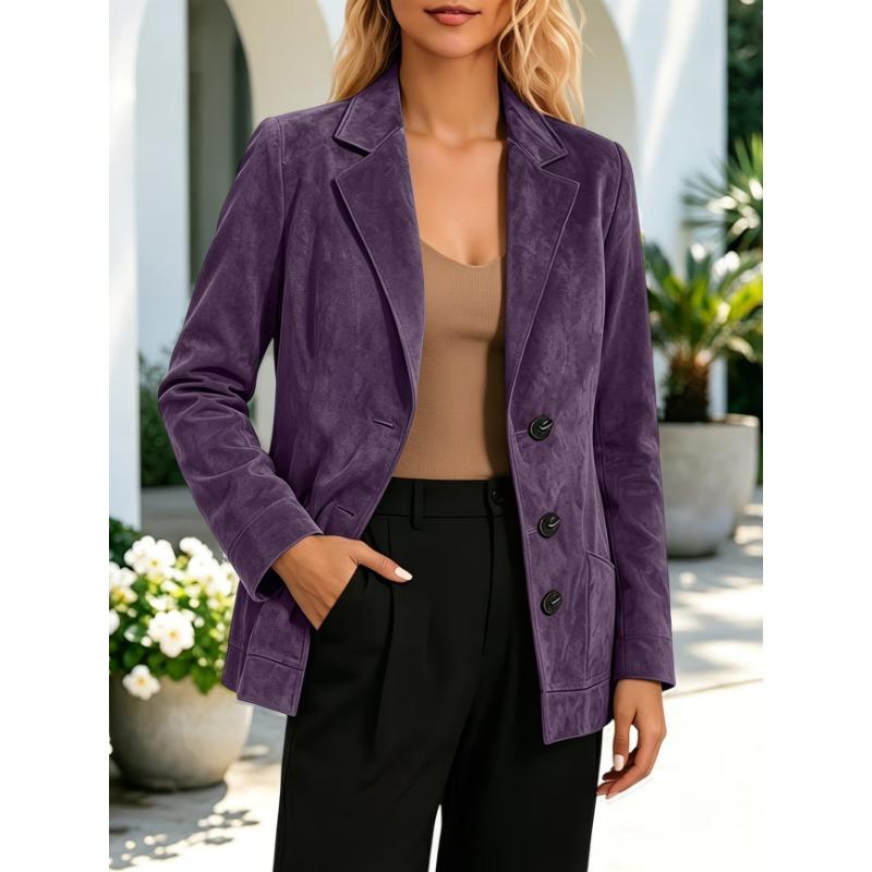 Women S Suede Lapel Pocket Long Sleeve Blazer