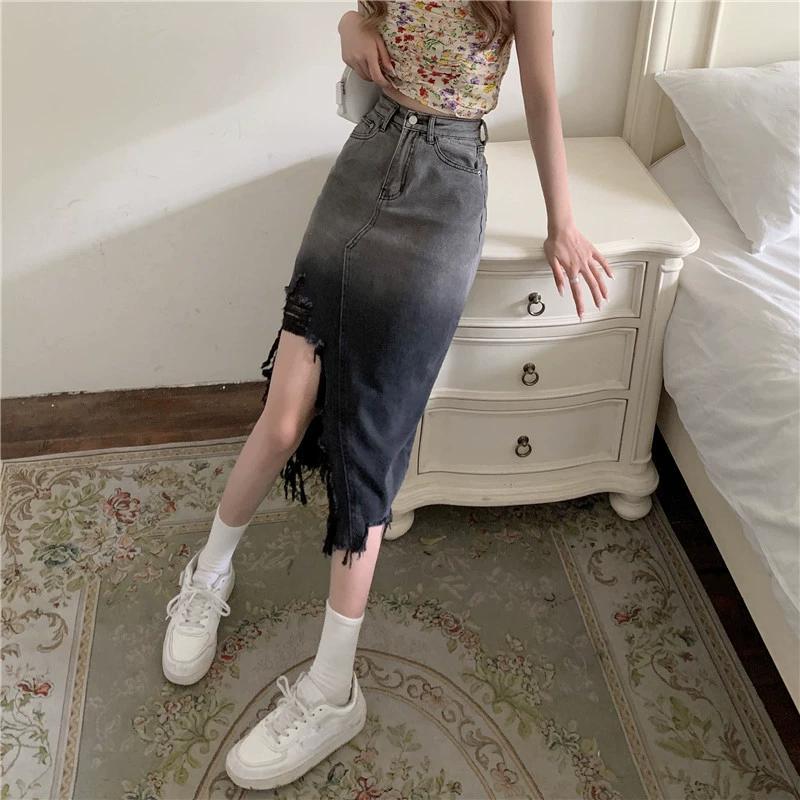 Revet Ujevn Denimskjørt for Kvinner Retro Sliss Midilengde Skjørt Høy Midje Stor Størrelse Dameklær Street Style