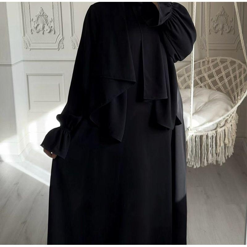 

New Middle East Solid Flare Sleeve Slim dress Solid Color Flared Sleeve Dress Black 1 yard