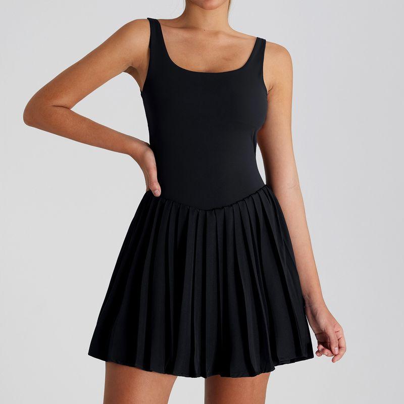 

Foreign Trade Spring and Summer New Beauty Back One-Piece Tennis Dress Women Anti-exposure Fitness Pleated Skirt Outdoor Sports Tennis Skirt Black S