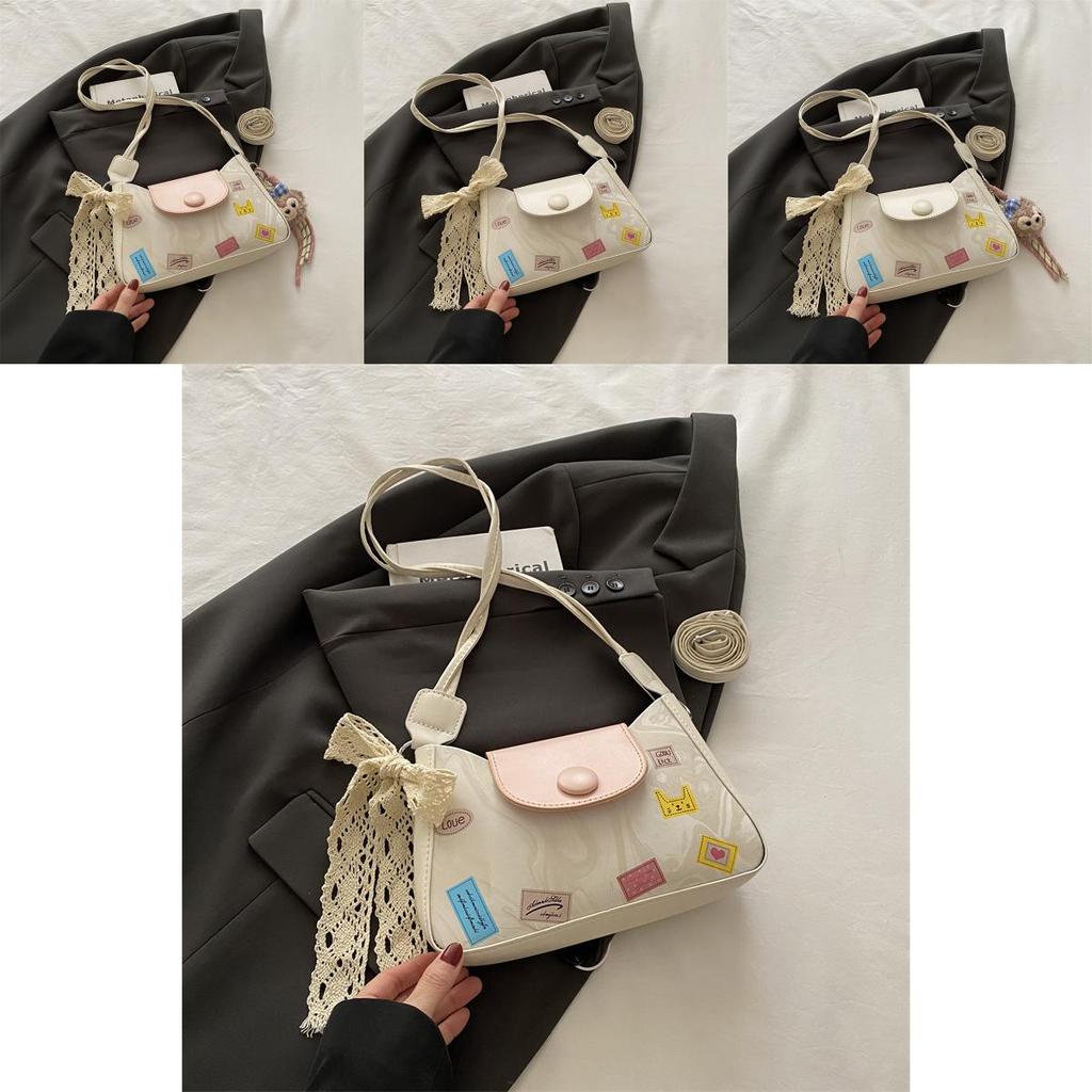 Ladies Pu Compact Handbag With Lace Bow And Doll Pendantfor Casual Outings