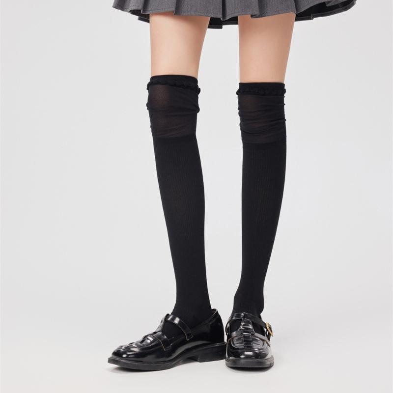 Solid Color Stretch Ruffle Trim Over Knee Long Socks for Women Japanese Student Sheer Mesh Splicing Thigh High Stockings