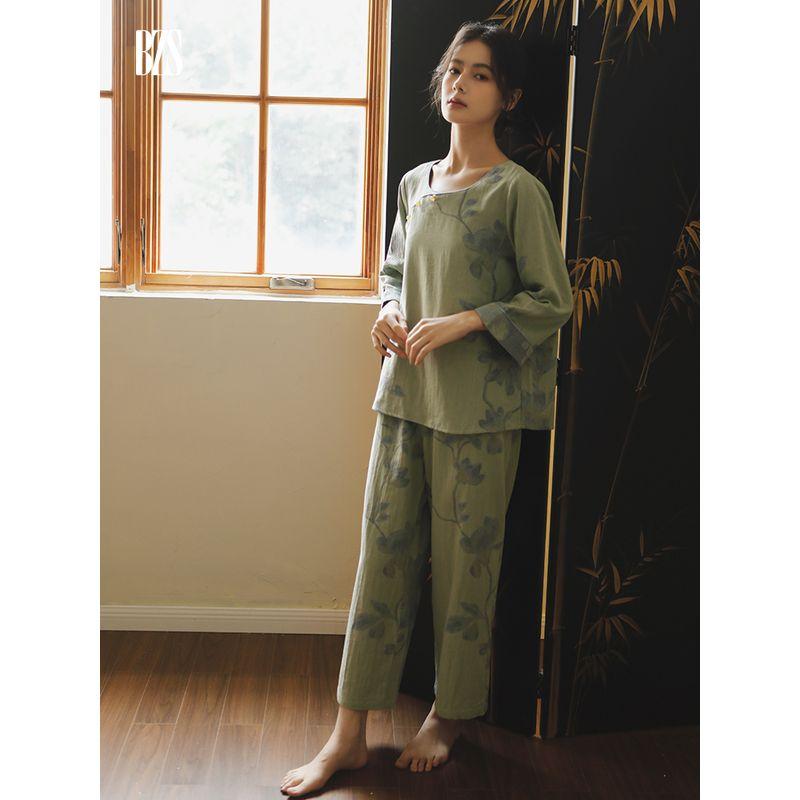 Pure Cotton Double-Layer Gauze Pajamas Women's Chinese Ancient Style Print Long Sleeves round Neck Chinese Style Plus Size Loose Homewear Suit