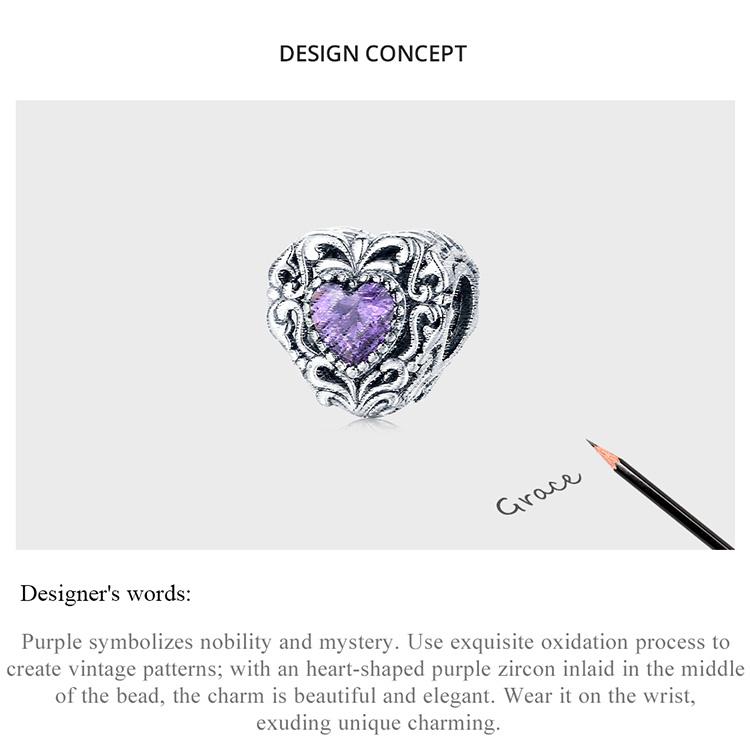 WOSTU Elegant Retro Pattern Purple Zircon Heart Shape 925 Sterling Silver Charm Pendant Beads fit Original Bracelet Bangle DIY Fine Jewelry