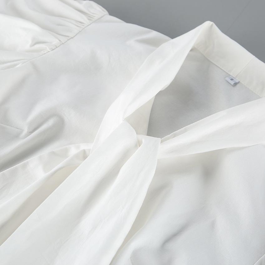 Court style French waist strap bow pure cotton white bubble sleeve shirt women's high-end long-sleeved top