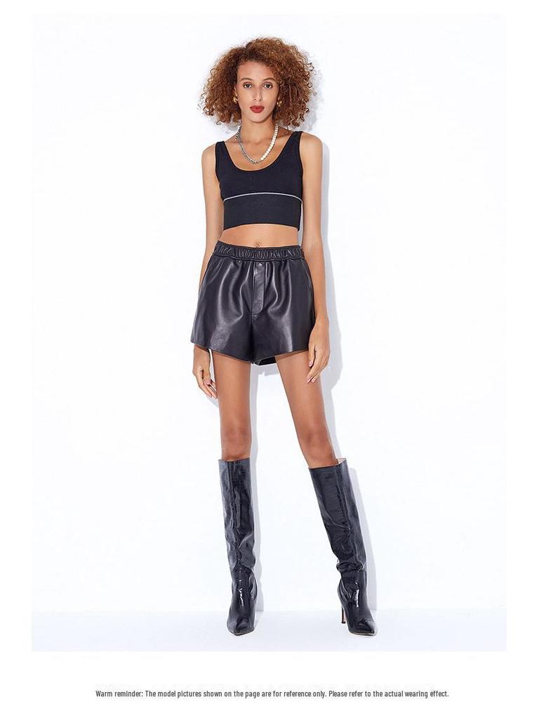 Women's 2025 New High-Waist Sheepskin Leather Shorts: Slim, All-Match, Wide-Leg Trend