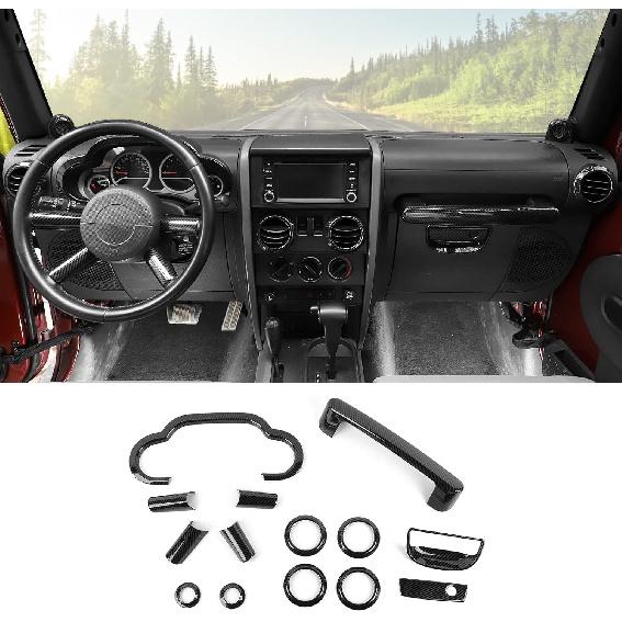 Carbon Fiber 14PCS Full Set Interior Trim Kit for 2007-2010 Jeep Wrangler JK JKU,Air Outlets A Pillar Speaker Glove Box Handle Dashboard Cover Trim