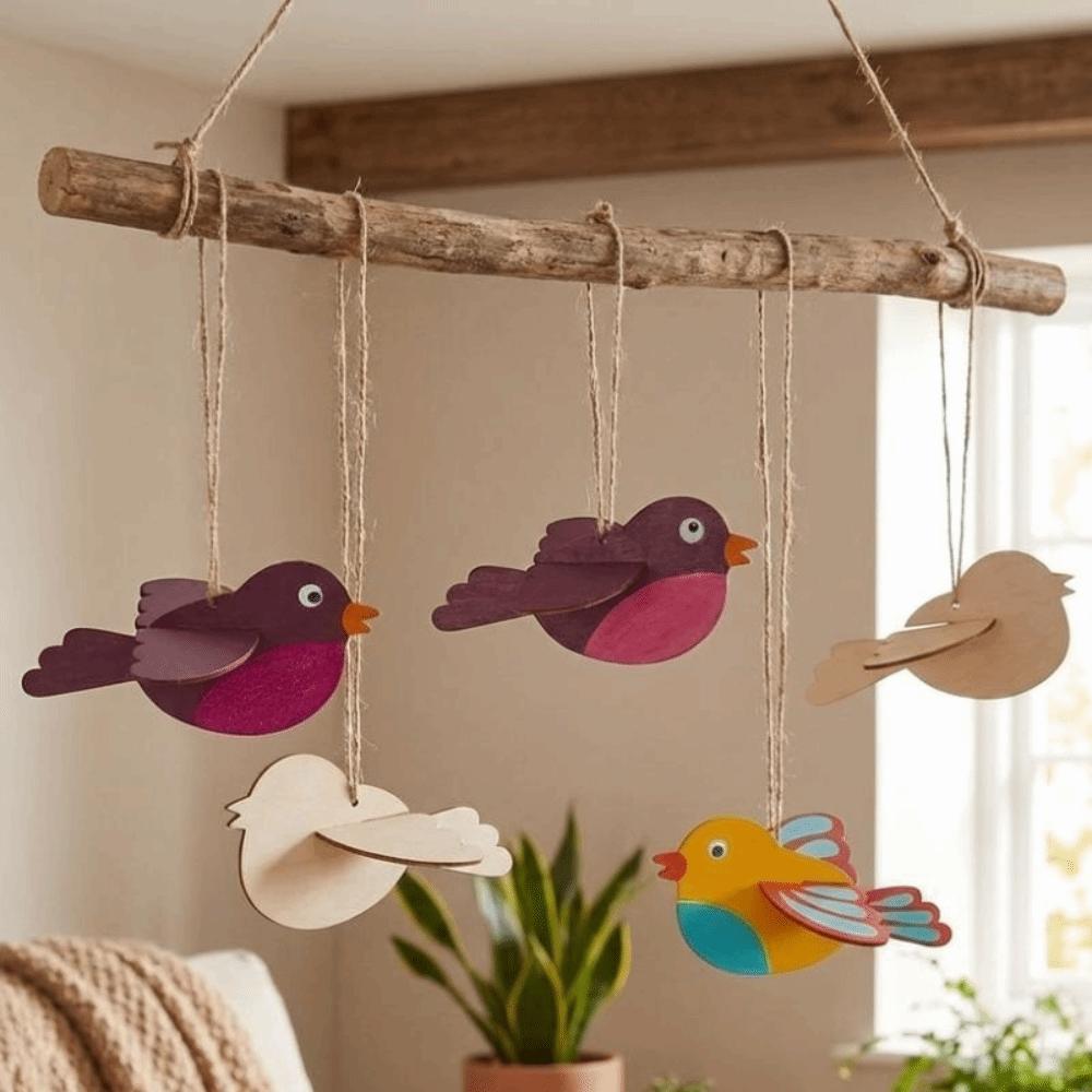 Unfinished Wooden Bird Craft Kit with Rope Painting 3D Wood Bird Ornament Handmade with Wings DIY Bird Hanging Decor Classroom
