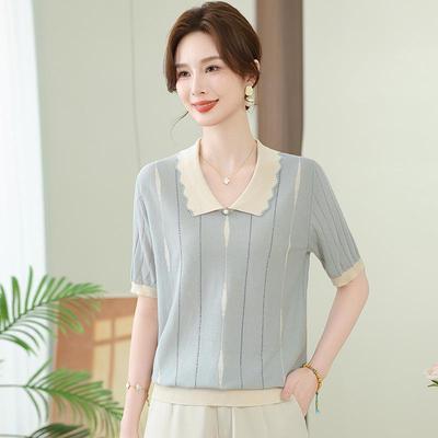 Mother's Day 2026 Ice Silk Lapel T-Shirt for Middle-Aged and Elderly Women - Stylish Short-Sleeved Summer Top