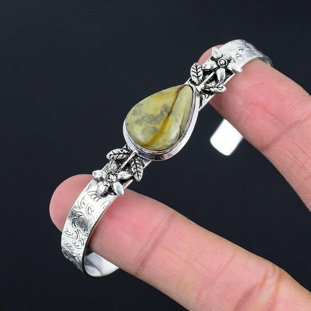 Gift For Her Natural Polychrome Jasper Bangle Flower Adjustable 925 Silver