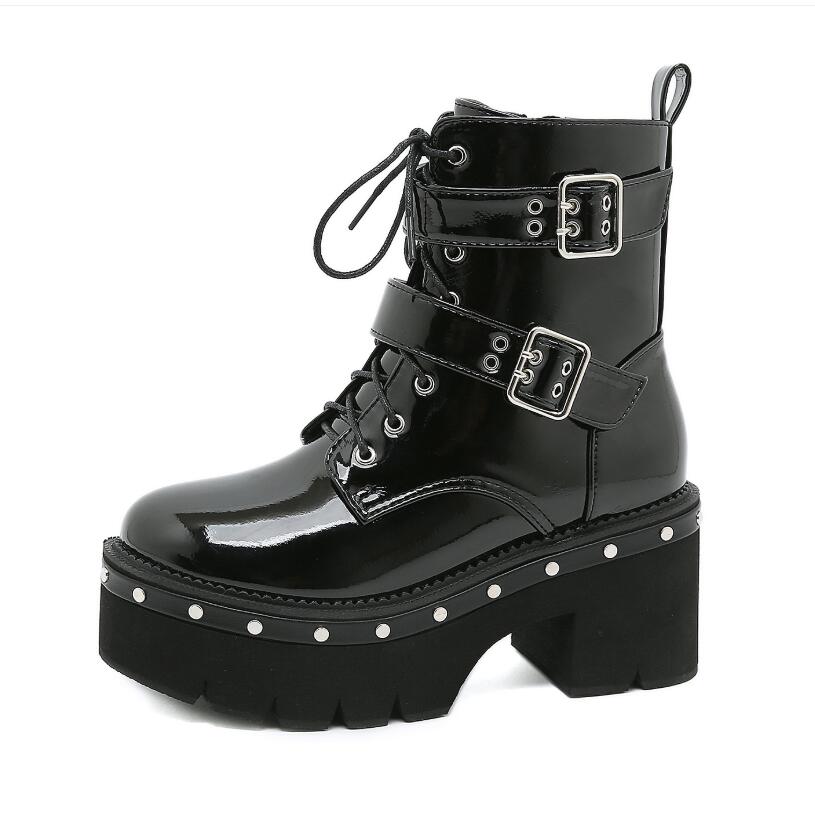7.5cm  Big Size 43 Platform Chunky Heel Zipper Goth Motorcycle Boots Women Black Fashion Punk Cool Combat Ladies Shoes