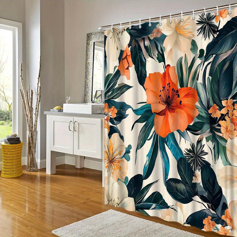 1Pc Vibrant Hibiscus Shower Curtain - Realistic Textured Digital Print Orange Flowers & Green Leaves, 70X70 Inch Polyester Bathr