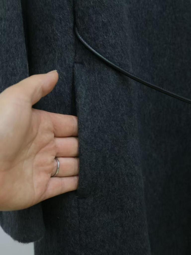 Women's Mid-Length Double-Faced Wool Coat with Detachable Plaid Collar and Tie-Waist