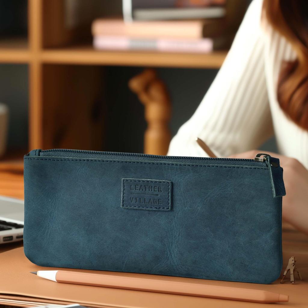 LEATHER VILLAGE Leather Pencil Pouch Blue 20x10cm Double Pocket Elegant and Practical Zipper Pouch Holder for and Women - - - - Artists, Men,