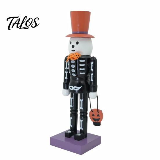 Pumpkin Basket Table Centerpiece Halloween Nutcracker Wooden Figurine, Hand-Painted Skeleton Soldier Ornament, Retro Creepy Mantel Decoration