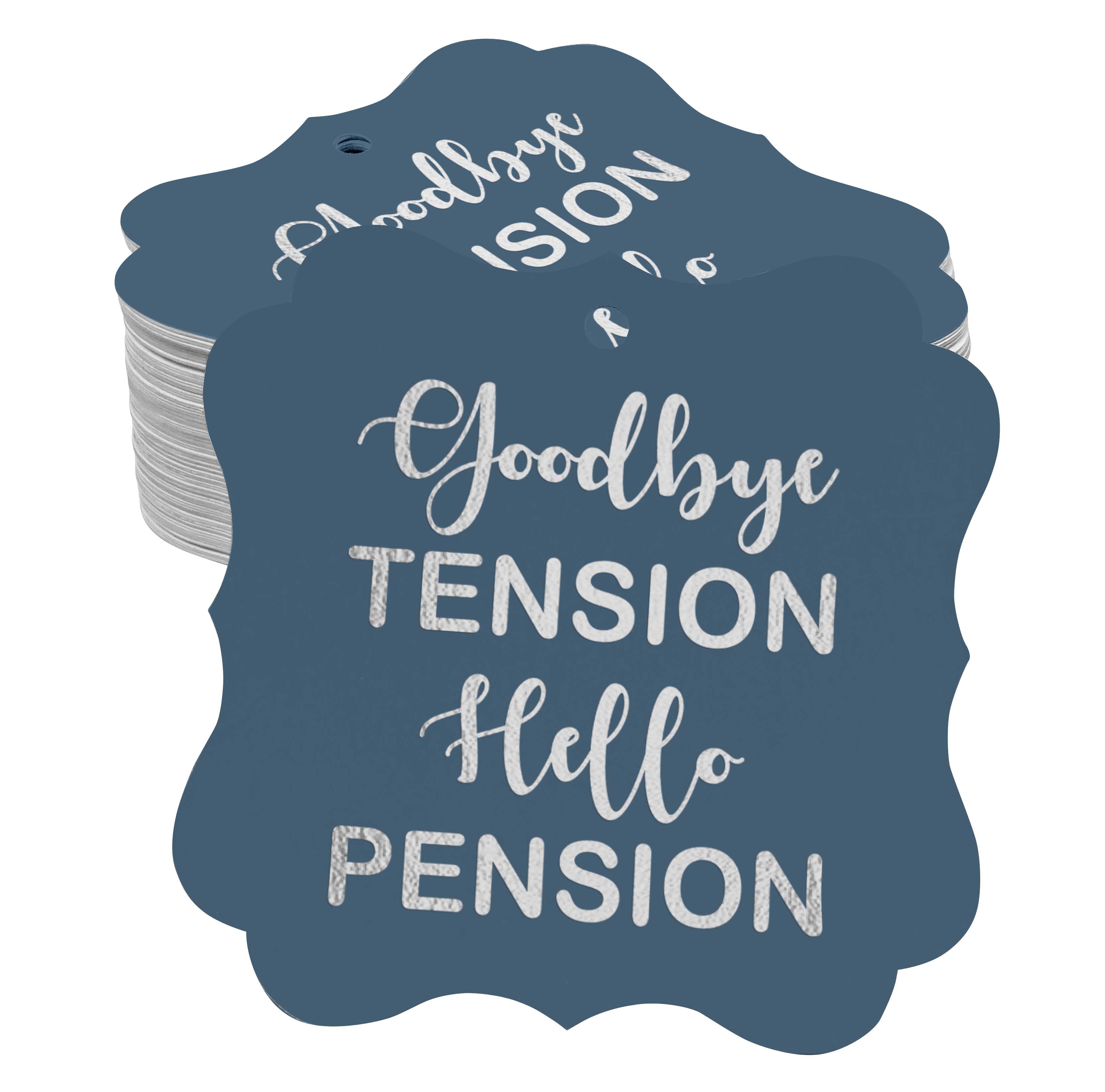 

Inkdotpot Упаковка зі 100 паперових тегів Good Bye Tension Hello Pension Retirement Paper. 50 Silver Foil Tags синій