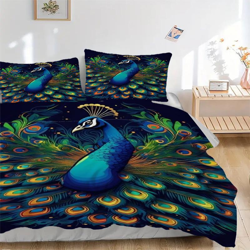 3pcs Peacock Feather Duvet Cover Set - Includes 1 Duvet Cover and 2 Pillowcases, No Quilt Core, All-Season Home Decor yy251111079 135x200cm