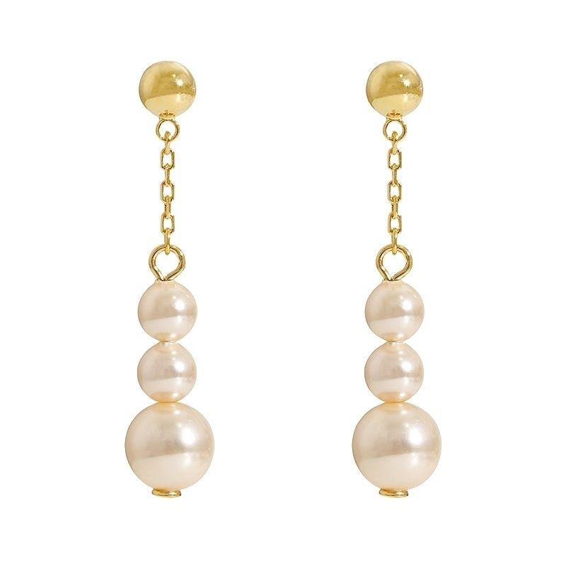Stylish and simple three imitation pearl tassel long earrings women's niche design earrings, high-end temperament versatile earrings