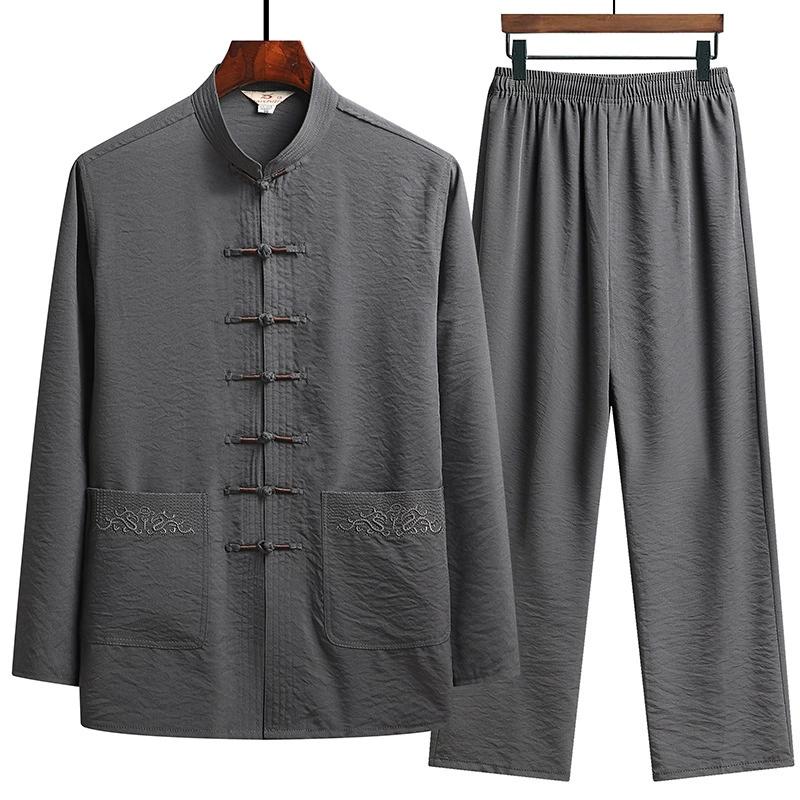 Chinese Traditional Clothing Set Man Fall Linen Buckle Kung Fu Shirt Oriental Retro Top+ Pants Tai Chi Breathable Uniforms Hanfu 2 Pieces Set