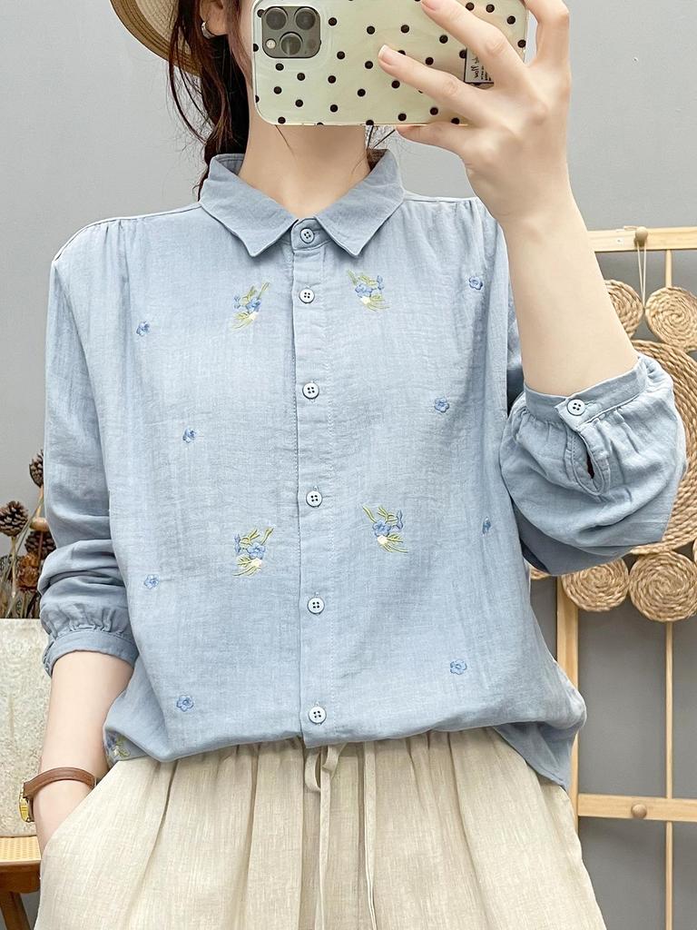 Women's Forest Style Cotton Gauze Shirt: Long Sleeve, Soft, Breathable, with Fresh Floral Embroidery