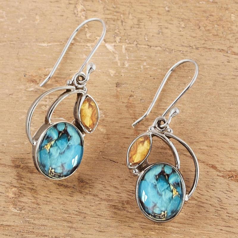 Hand Curved Open Frame Oval Copper Turquoise Marquise Yellow Gem Drop Earrings Silver Tone Artisan Craft Bohemian Ladies Accessories