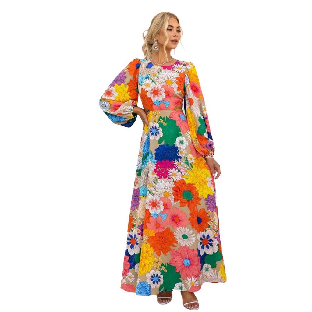 25th Anniversary European & American Autumn/Winter Fashion: Round Neck Lantern Sleeve Dress with Waist-Gathering Print