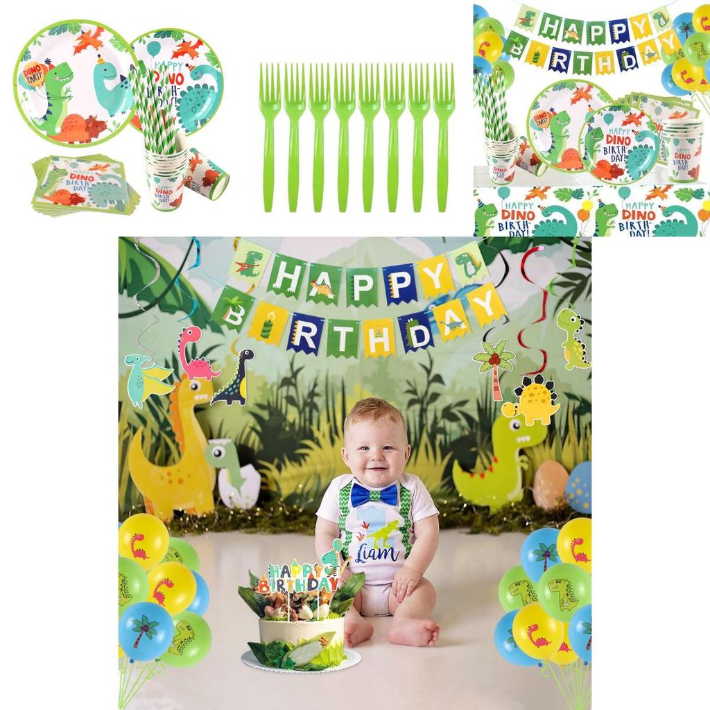Colorful Cartoon Dinosaur Party Birthday Supplies Tableware Plates Cups Banner Set