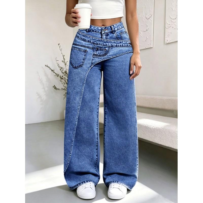 Womens High-Waisted Wide-Leg Denim Pants Streetwear