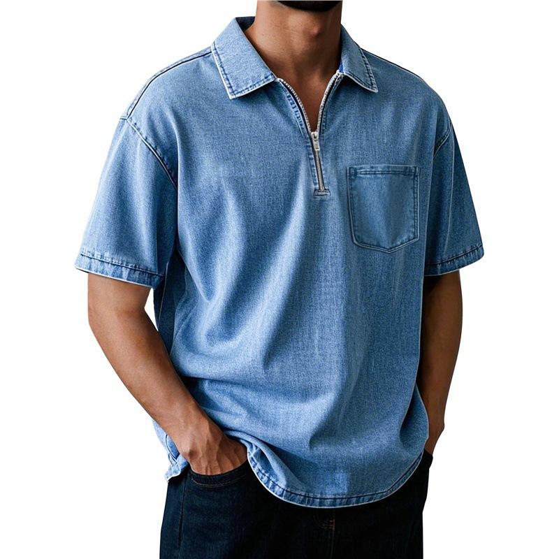 Mens Casual Washed Denim Half Zip Polo Collar Short Sleeve Shirt With Pocket S