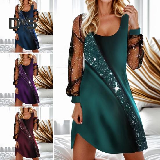 

Женское платье с прозрачной сеткой, лоскутным кроем, U-образным вырезом, свободным блестящим пайетками, длинным рукавом, мягким неровным подолом, мини-платье-пуловер XL фиолетовый