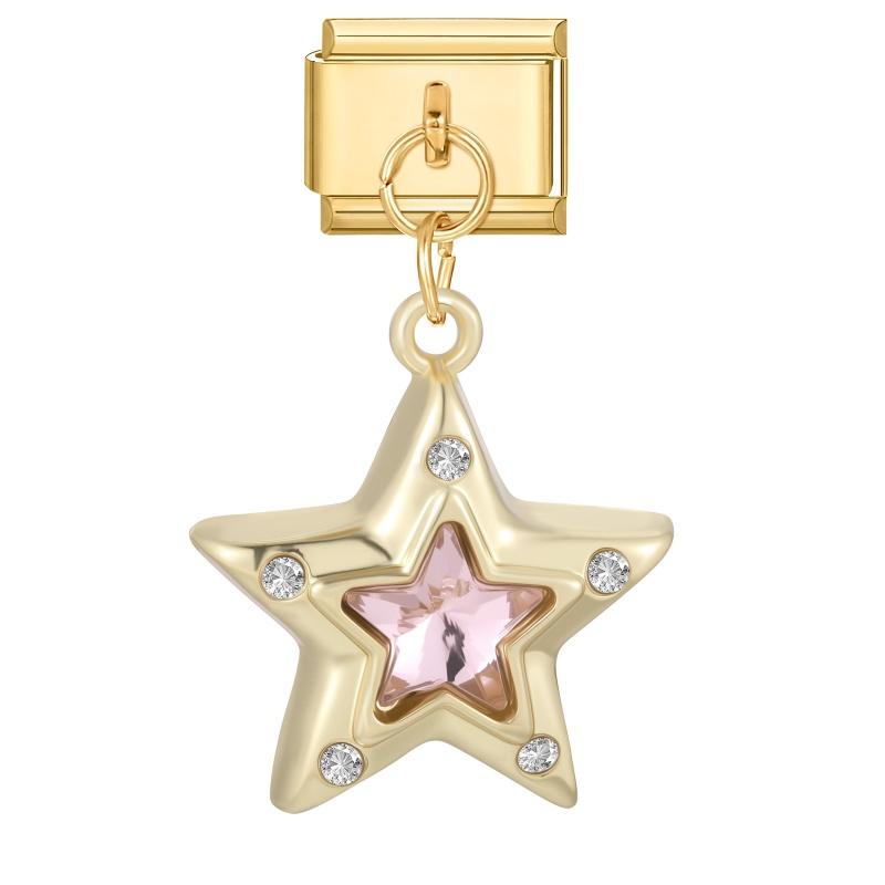 Zircon Star Moon Bow Knot Heart Gold Color Pendant Italian Charm Links Fit 9mm Stainless Steel Bracelet DIY Making for Men Women
