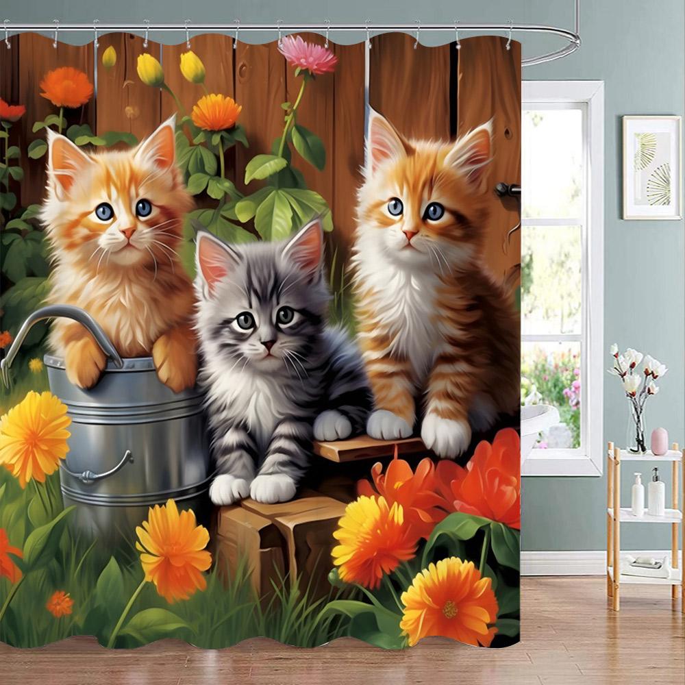 Funny Animal Shower Curtain Cute Cat in Flower with Butterfly Fluttering Polyester Fabric Washable Shower Curtain Bathroom Decor