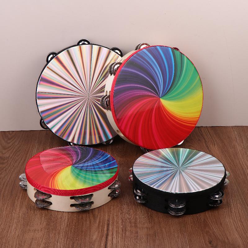 8/10 In Wooden Tambourine Handbell Hand Drum W/ Double Row Jingles Laser/Rainbow Drum Head Musical Percussion Instrument