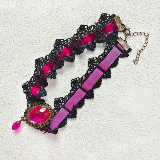Vintage krajkový náhrdelník Gotický choker s oválným umělým drahokamem Dámský krajkový choker pro Cosplay Denní nošení Kostýmové večírky