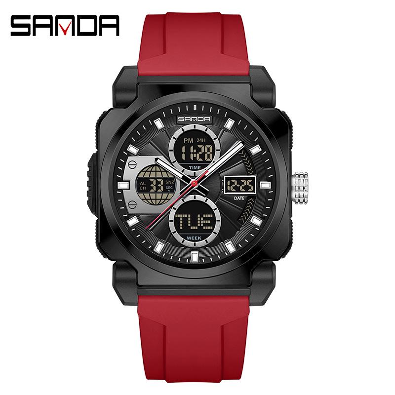 Sanda Dual Display Sports Watch: Trendy Square Wristwatch with Timing and Alarm Features for Students