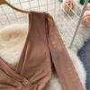 Women Casual Sleeve Long Neck V Solid Color Dress Waist High A Line Sheath Spring Elastic Mini