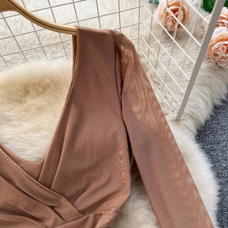 Women Casual Sleeve Long Neck V Solid Color Dress Waist High A Line Sheath Spring Elastic Mini