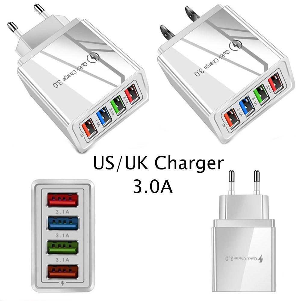 3A Charger Travel Portable Phone Adapter USB Charger 4-Port Quick Charge EU/US Plug