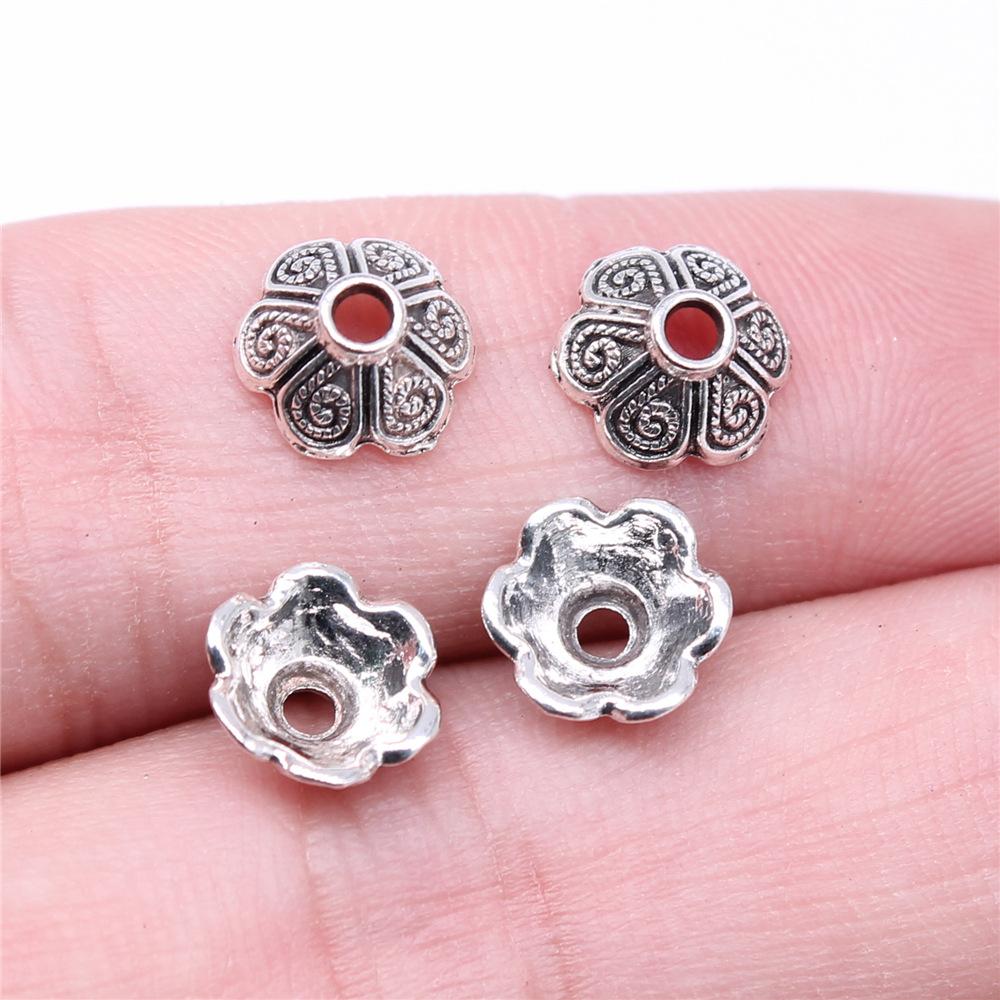 50pcs Tibetan Antique Silver Color Flower Bead End Caps For Jewelry Making Findings Needlework DIY Accessories Wholesale