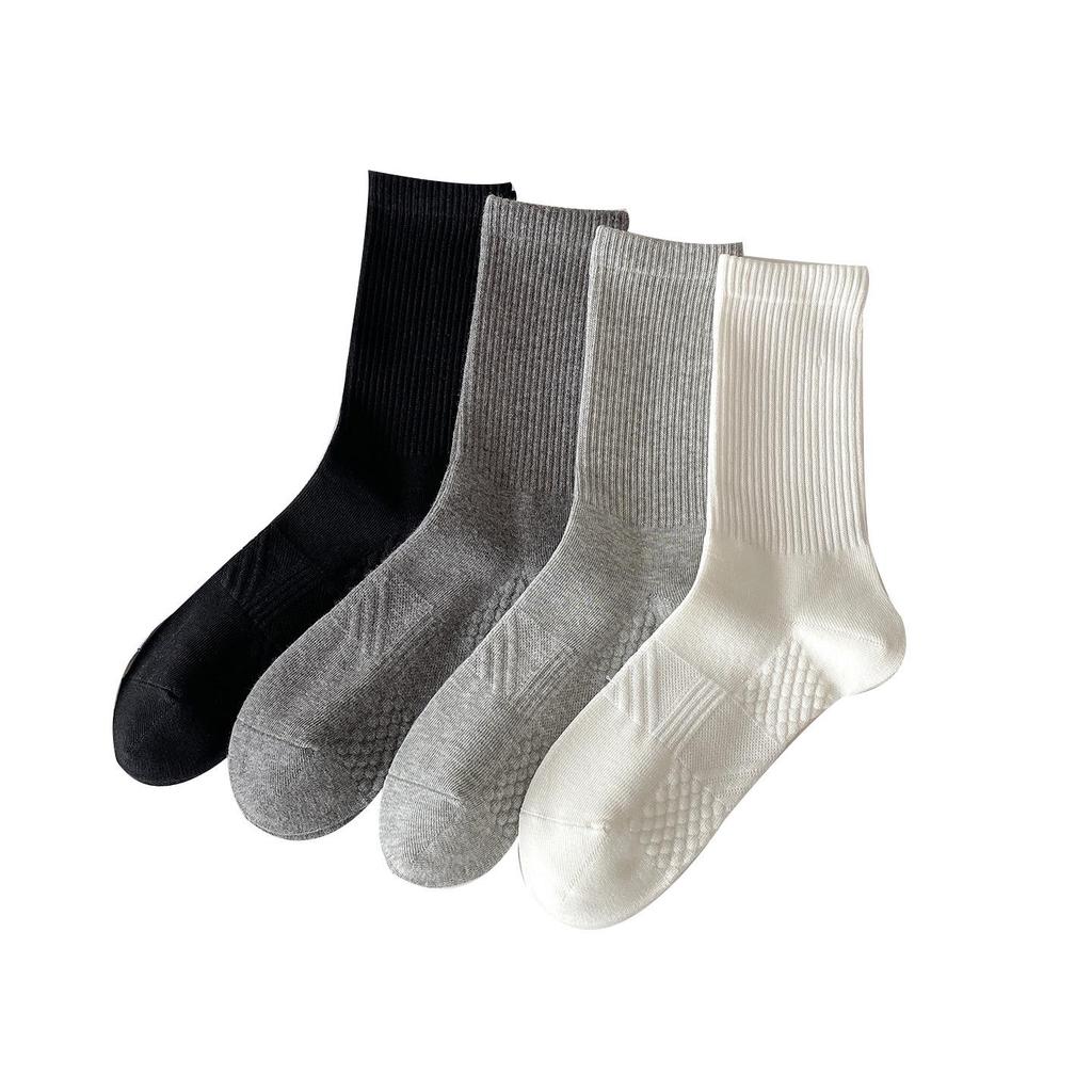 Men's Mid-Calf Cotton Socks, Fall/Winter, Solid Colors, Massage Sole, Breathable, Versatile Sports Style, Black and White.