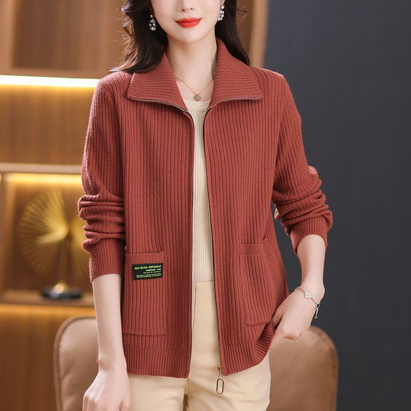 Women's Cardigans Sweaters Outerwear Spring and Autumn Knitwear Lapels Zippered Pockets