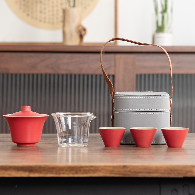 Light Luxury Travel Tea Set Cover Bowl Kuaike Three Cups Outdoor Portable Handbag High-end Ceramic Glass Tea Maker Gift
