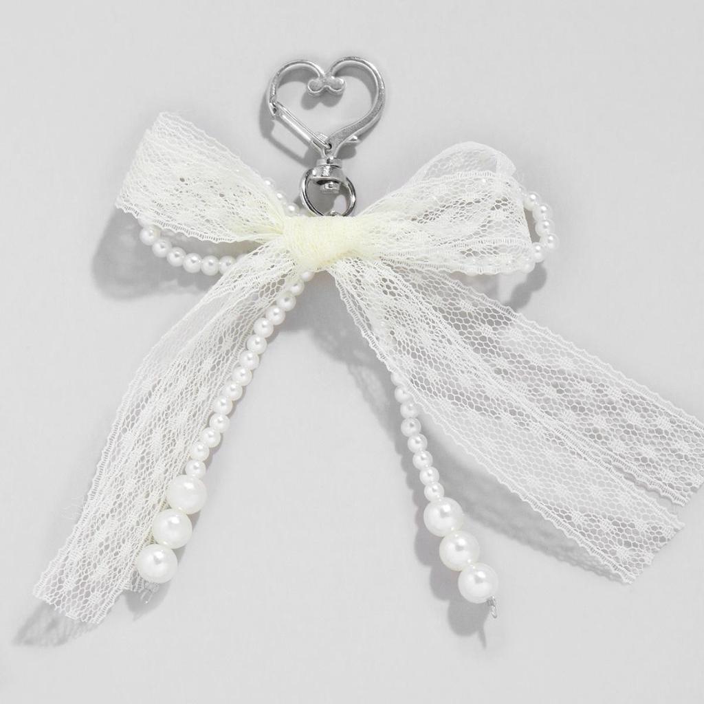 Charming White Pearl Beaded Lace Bow Keychain Bag Charm