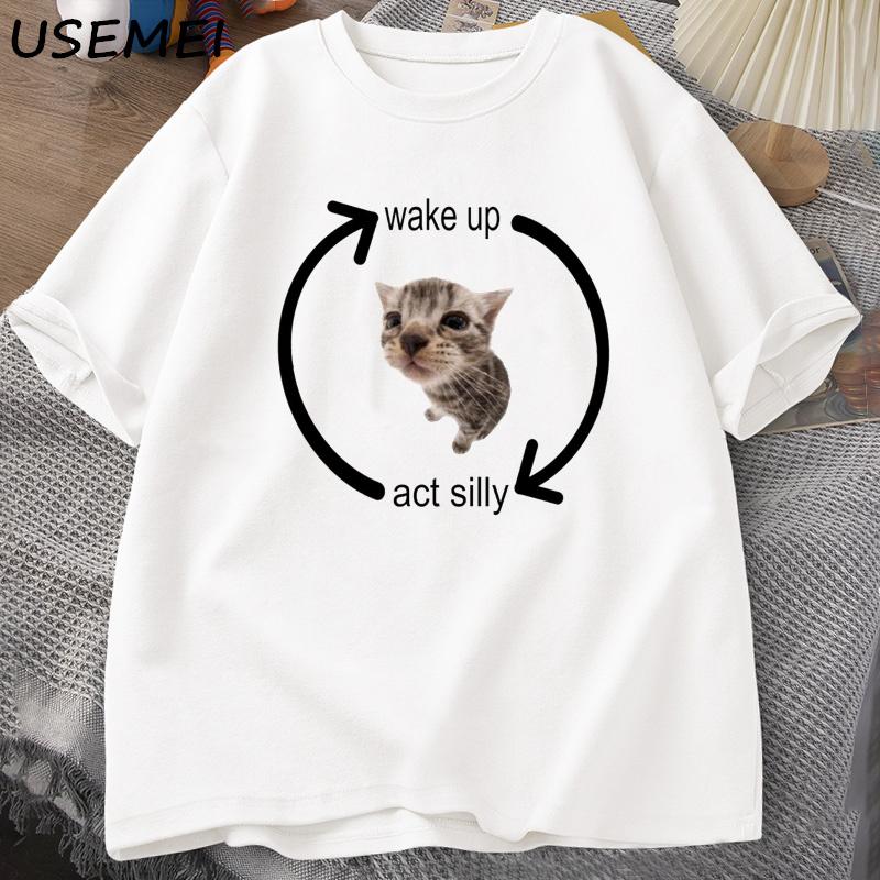 

Wake Up Act Silly Cat T Shirt Men Casual Men s T-shirt Clothes Cotton Short Sleeves Funny Oversized Streetwear Tshirt M белый