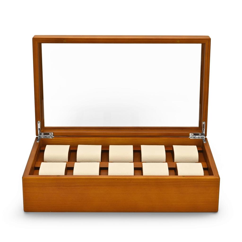 Woodten Massivholz-Uhrenbox mit Glas Premium-Uhren-Display-Organizer mit herausnehmbarem Kissen für Herren 10-Schlitz-Deckel, (Cremeweiß)