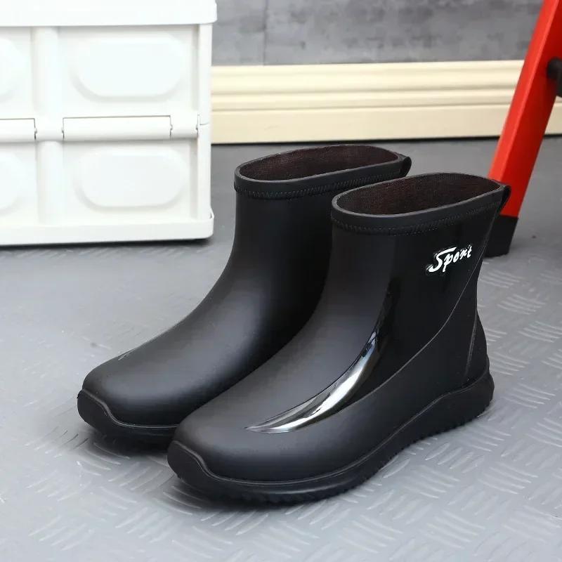 2024 Rain Boots Men's Waterproof Drawstring Rain Shoes Velvet Padded Suit Warm Non-Slip Flat Fashion Take-out Rider Rain Boots