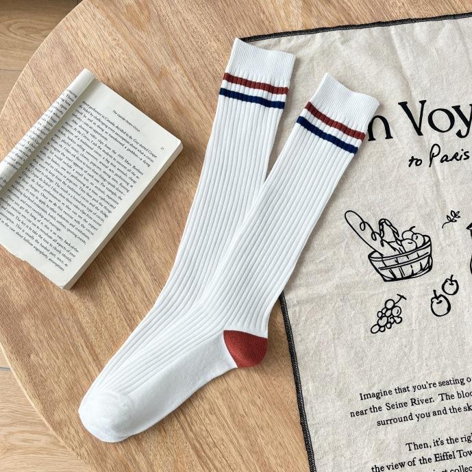 White Double Needle Striped Calf Socks Combed Cotton Japanese Retro Women'S Medium Tube Socks College Cotton Socks