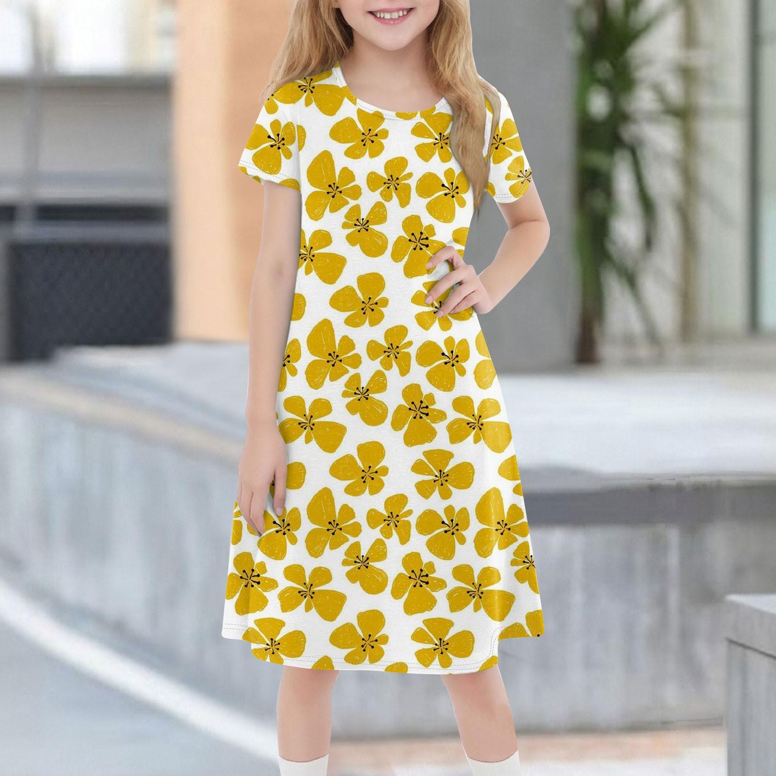 

Детское летнее повседневное модное платье с короткими рукавами и круглым вырезом 160 жёлтый