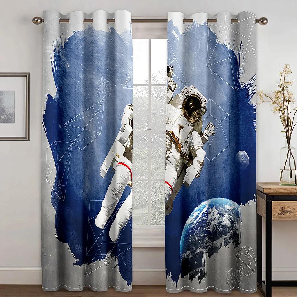 Spaceman Astronaut 3D Printed Thin Curtain for Boys and Girls, Space Galaxy, Cosmonaut, Children's Bedroom Window Curtain